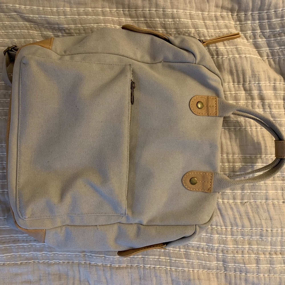 Gray and tan backpack